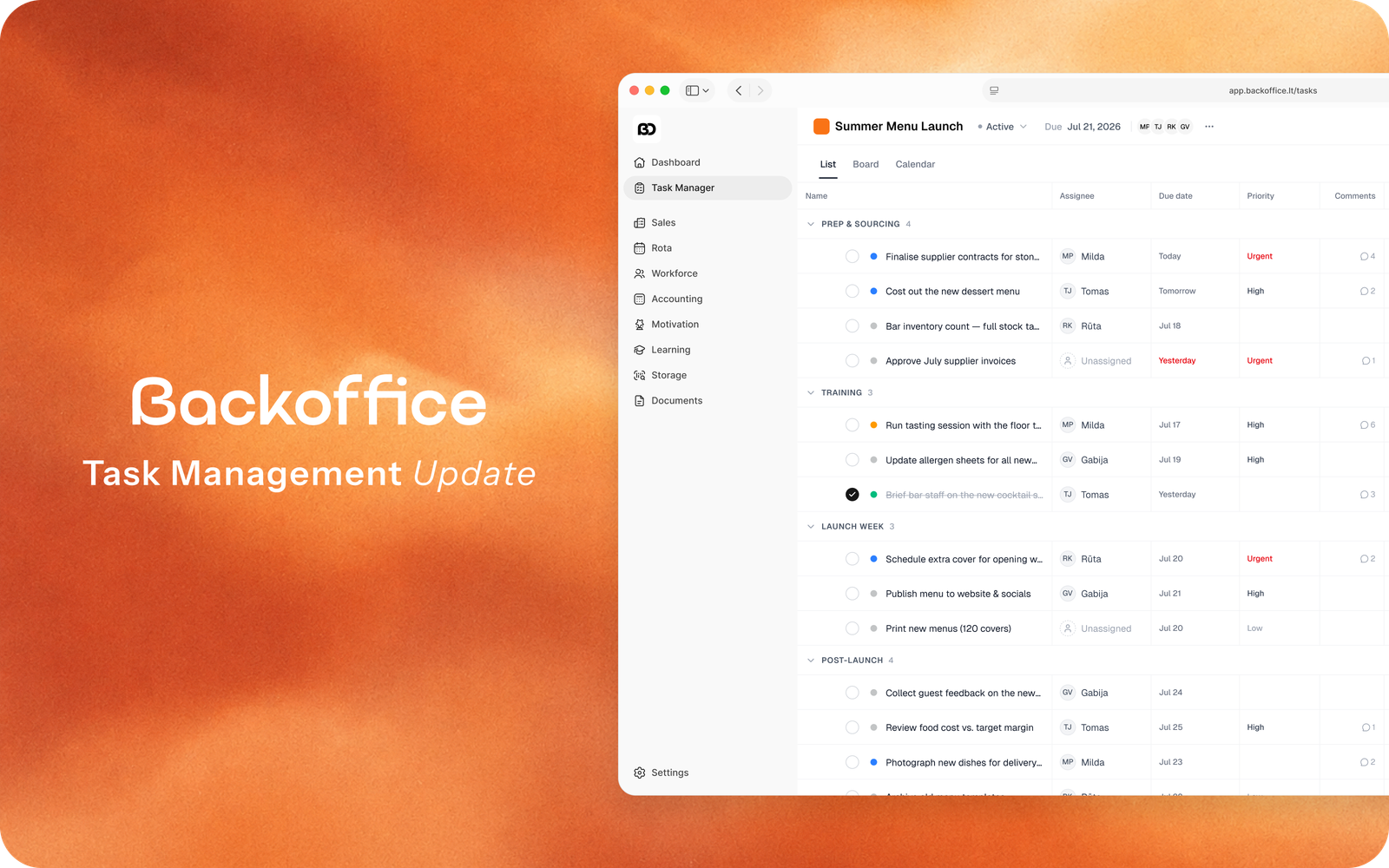 „Backoffice“ užduočių valdymo erdvė su projekto darbų sąrašu